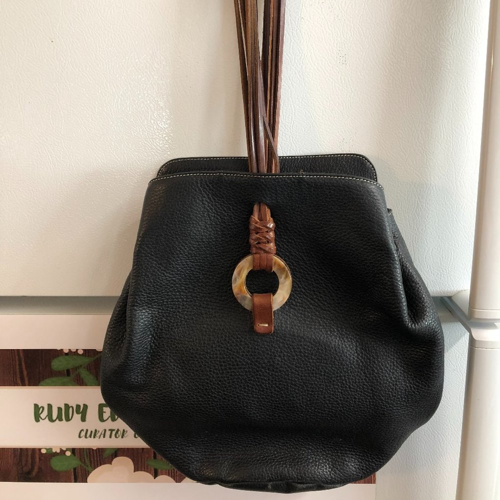 Puntotres Black Pebbled Leather Bag with Brown Leather Strap- Made in Spain